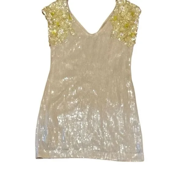 Rare Free People Icy Citrus Dress, Sz 4 ivory, yellow sequins Retail 500 mini - Picture 10 of 13